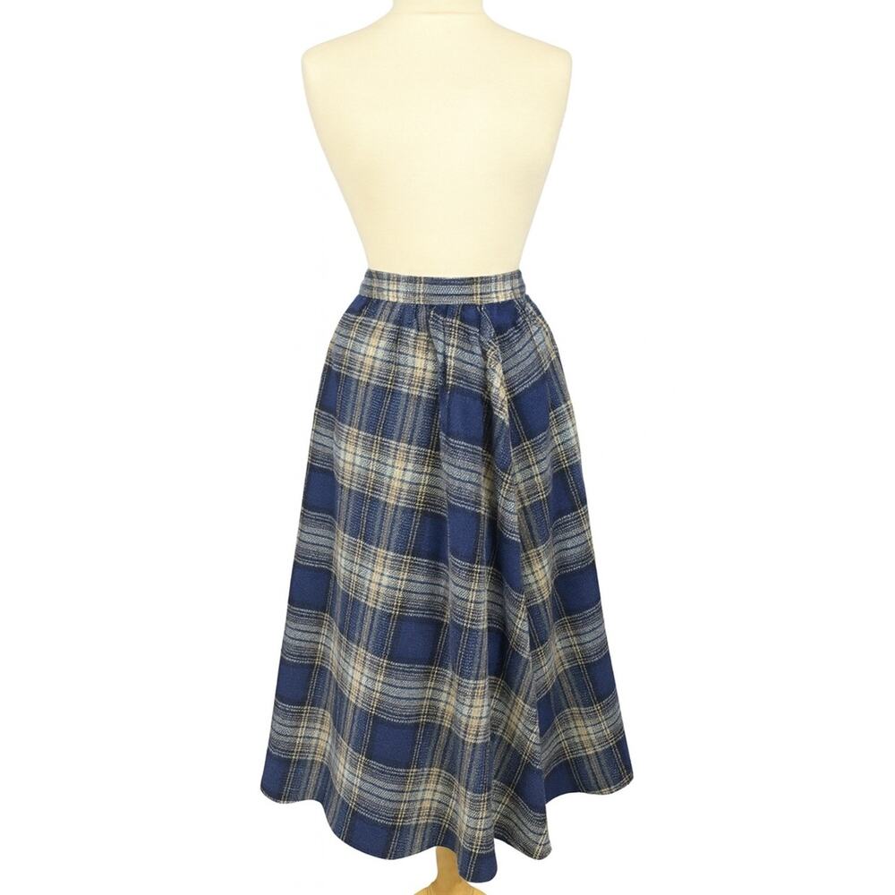 Vtg Jaeger Wool Mohair Plaid Midi Skirt Flare Great Britain Women 12 Purple Gray